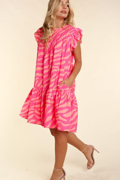 Floral Ruffle Sleeve Shift Dress in Neon Pink and Orange with practical styling and dependable silhouette control.