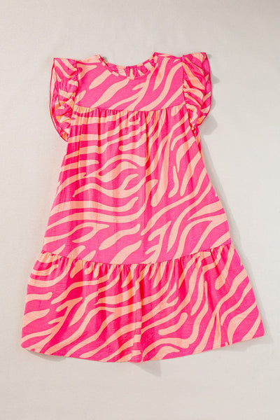 Floral Ruffle Sleeve Shift Dress in Neon Pink and Orange with practical styling and dependable silhouette control.