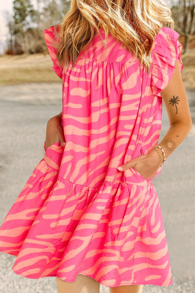 Floral Ruffle Sleeve Shift Dress in Neon Pink and Orange with practical styling and dependable silhouette control.