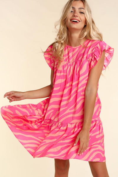 Floral Ruffle Sleeve Shift Dress in Neon Pink and Orange with practical styling and dependable silhouette control.