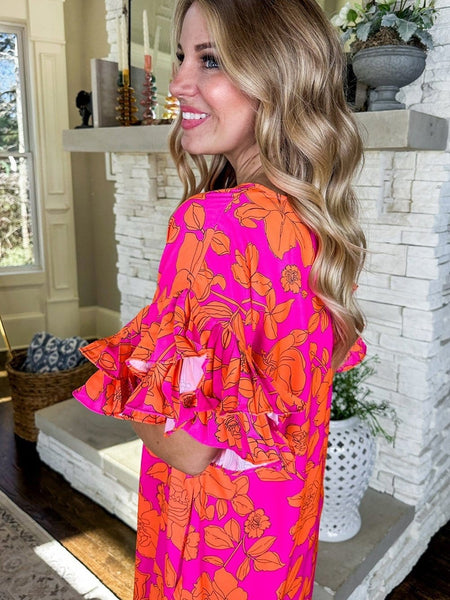 Floral Ruffle Sleeve Shift Dress in Neon Pink and Orange with practical styling and dependable silhouette control.