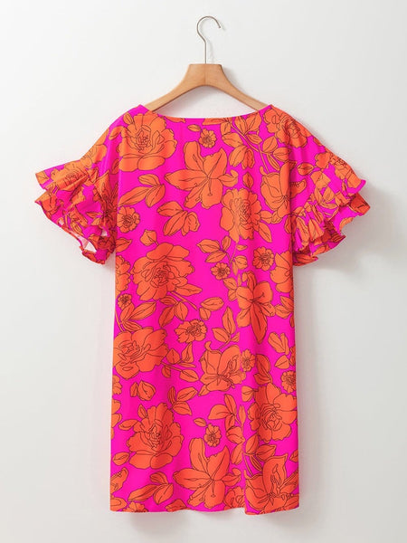Floral Ruffle Sleeve Shift Dress in Neon Pink and Orange with practical styling and dependable silhouette control.
