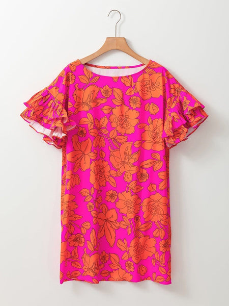 Floral Ruffle Sleeve Shift Dress in Neon Pink and Orange with practical styling and dependable silhouette control.