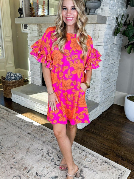 Floral Ruffle Sleeve Shift Dress in Neon Pink and Orange with practical styling and dependable silhouette control.