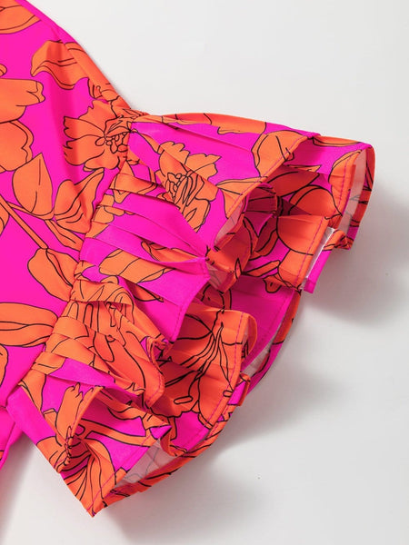Floral Ruffle Sleeve Shift Dress in Neon Pink and Orange with practical styling and dependable silhouette control.