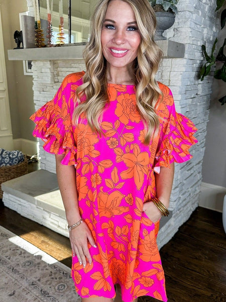 Floral Ruffle Sleeve Shift Dress in Neon Pink and Orange with practical styling and dependable silhouette control.