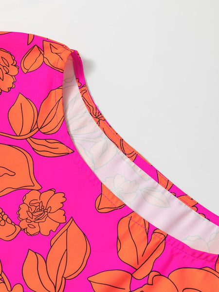 Floral Ruffle Sleeve Shift Dress in Neon Pink and Orange with practical styling and dependable silhouette control.