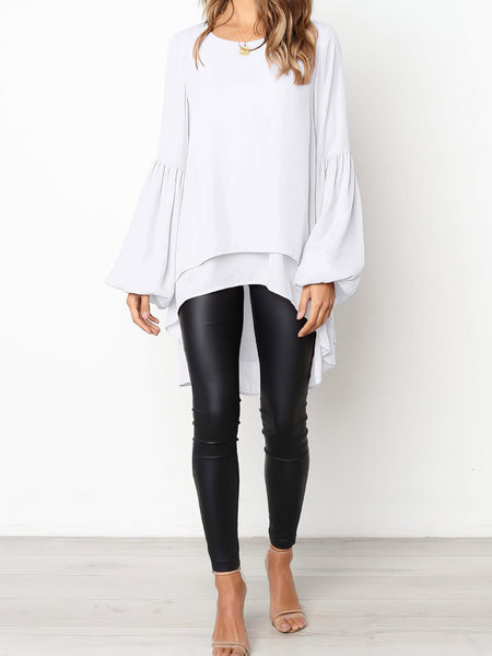 Small Fresh Pure Color Chiffon Round Neck Lantern Sleeve Blouse