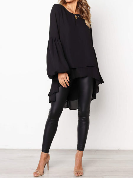 Small Fresh Pure Color Chiffon Round Neck Lantern Sleeve Blouse