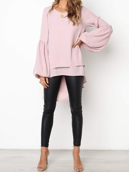 Small Fresh Pure Color Chiffon Round Neck Lantern Sleeve Blouse