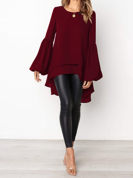 Small Fresh Pure Color Chiffon Round Neck Lantern Sleeve Blouse