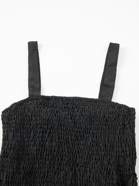 Smocked Black Sleeveless Summer Romper with Pockets