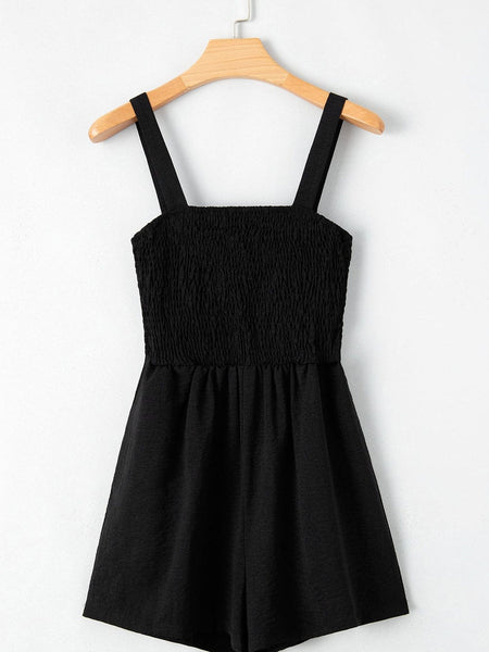 Smocked Black Sleeveless Summer Romper with Pockets