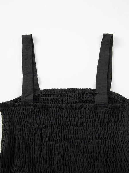 Smocked Black Sleeveless Summer Romper with Pockets
