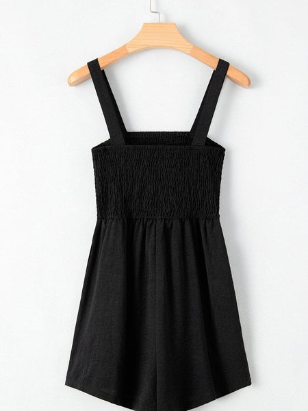 Smocked Black Sleeveless Summer Romper with Pockets