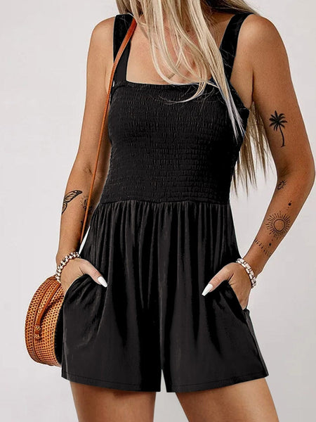 Smocked Black Sleeveless Summer Romper with Pockets