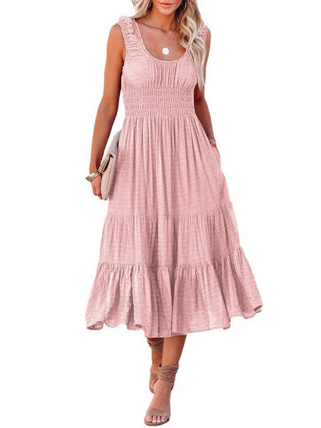 Solid Sling Ruffled Casual Dress