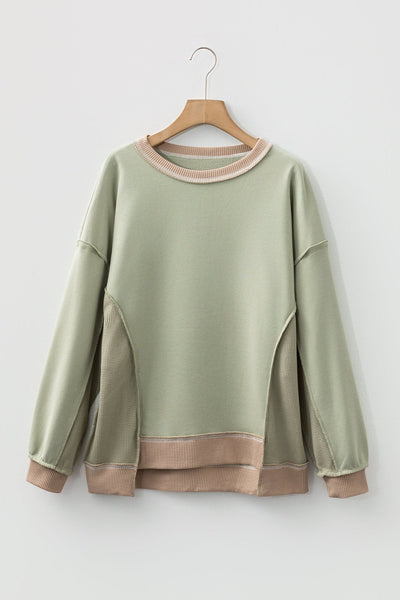 Women's Smoke Green Mixed-Texture Colorblock Pullover