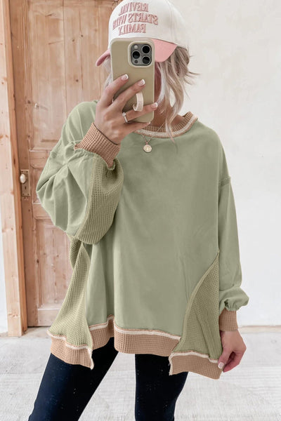 Women's Smoke Green Mixed-Texture Colorblock Pullover