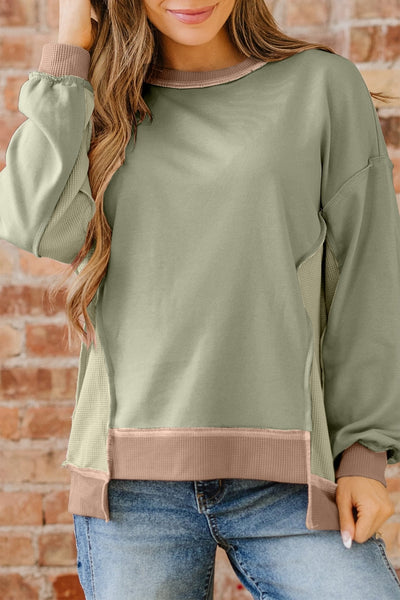 Women's Smoke Green Mixed-Texture Colorblock Pullover