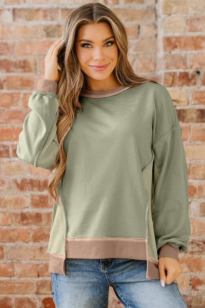 Women's Smoke Green Mixed-Texture Colorblock Pullover