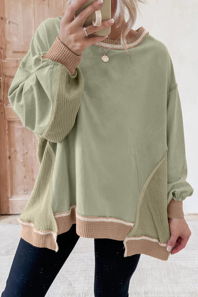 Women's Smoke Green Mixed-Texture Colorblock Pullover