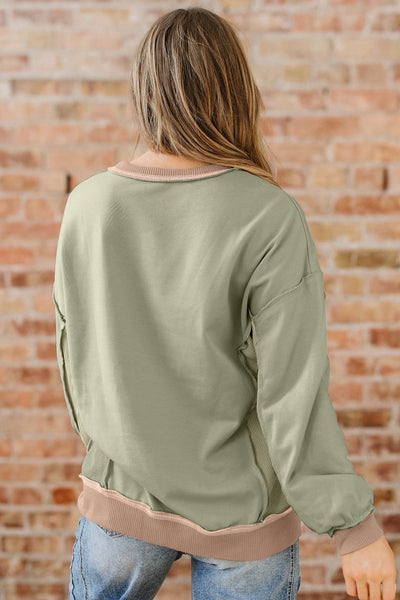 Women's Smoke Green Mixed-Texture Colorblock Pullover