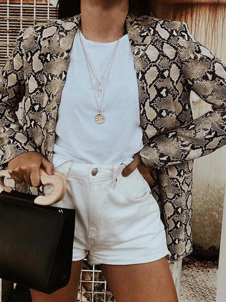 Women's Brown Snake Print Longline Slim Blazer with Lapel