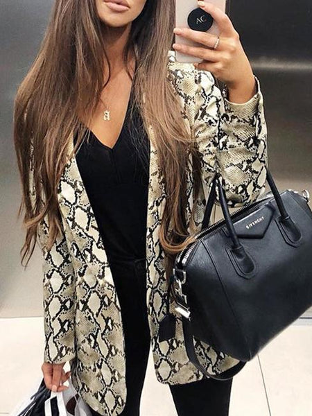 Women's Brown Snake Print Longline Slim Blazer with Lapel