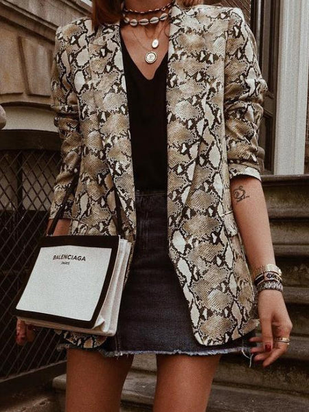 Women's Brown Snake Print Longline Slim Blazer with Lapel