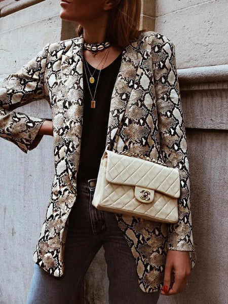 Women's Brown Snake Print Longline Slim Blazer with Lapel