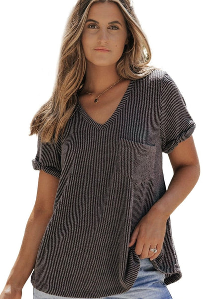 Soft Carbon Grey Corded V Neck Tee with Twist Sleeve Detail