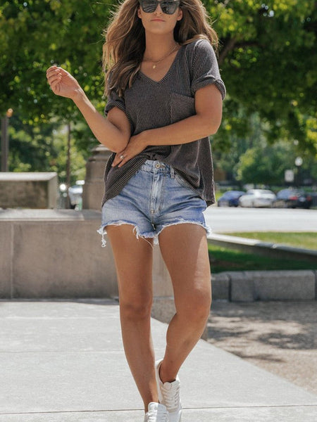 Soft Carbon Grey Corded V Neck Tee with Twist Sleeve Detail