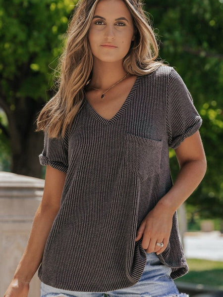 Soft Carbon Grey Corded V Neck Tee with Twist Sleeve Detail