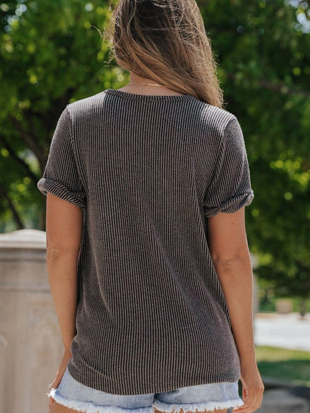 Soft Carbon Grey Corded V Neck Tee with Twist Sleeve Detail