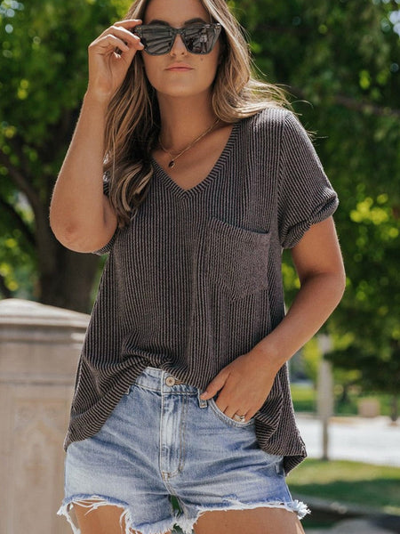Soft Carbon Grey Corded V Neck Tee with Twist Sleeve Detail