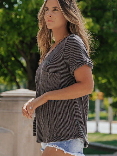 Soft Carbon Grey Corded V Neck Tee with Twist Sleeve Detail