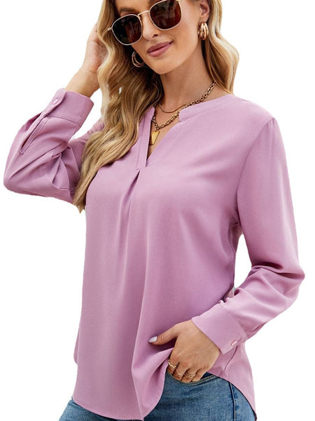 Solid Color Chiffon Loose V-Neck Long Sleeve T-Shirt