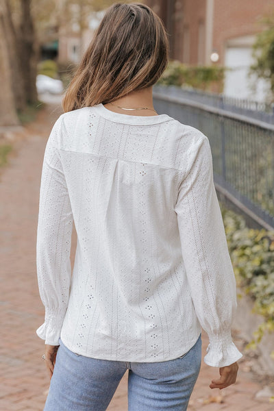 Solid Color Hollow V-Neck Ruffle Sleeve Casual T-Shirt