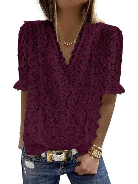 Women's Solid Color Lace Chiffon Women'S Loose Fit Pullover Top