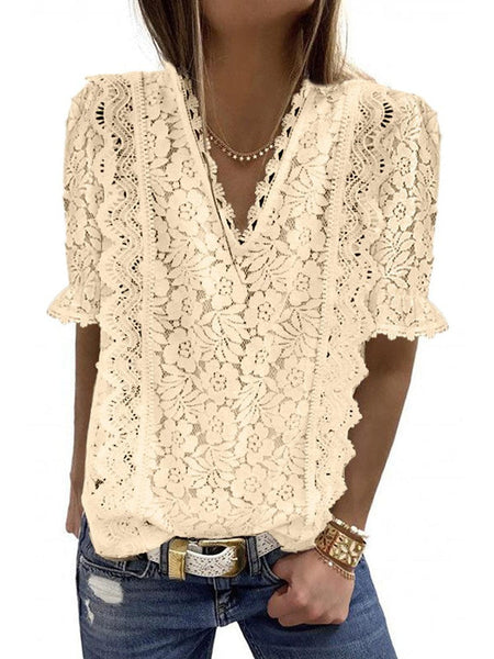Women's Solid Color Lace Chiffon Women'S Loose Fit Pullover Top