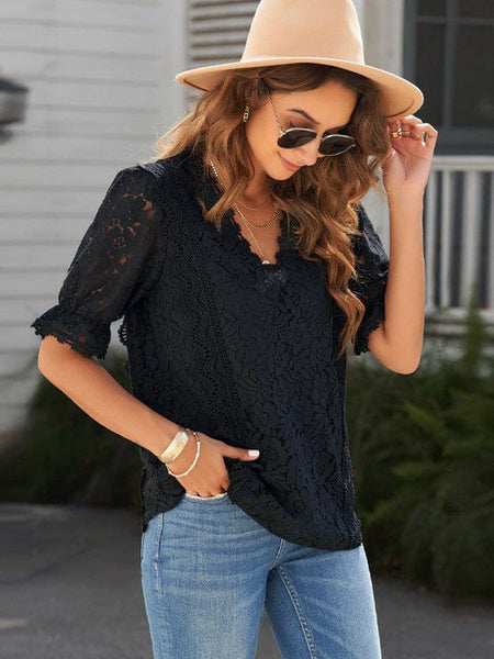 Women's Solid Color Lace Chiffon Women'S Loose Fit Pullover Top