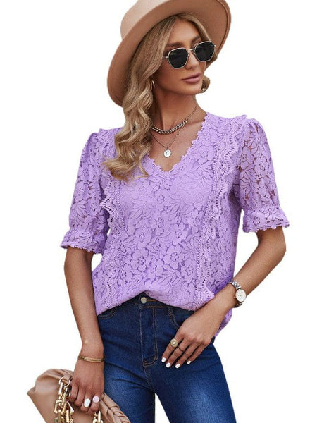 Women's Solid Color Lace Chiffon Women'S Loose Fit Pullover Top