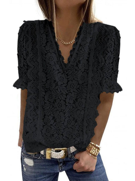 Women's Solid Color Lace Chiffon Women'S Loose Fit Pullover Top