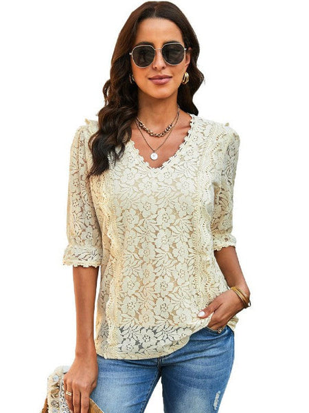 Women's Solid Color Lace Chiffon Women'S Loose Fit Pullover Top