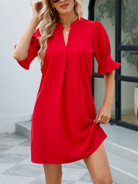Women's Solid Color Loose V Neck Half Sleeve Mini Dress