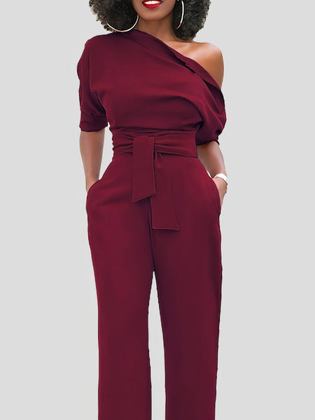 Solid Color One Shoulder Short Sleeve Jumpsuit