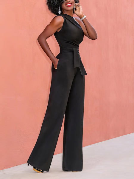 Solid Color One Shoulder Sleeveless Jumpsuit with practical styling and dependable silhouette control.