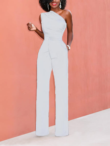 Solid Color One Shoulder Sleeveless Jumpsuit with practical styling and dependable silhouette control.