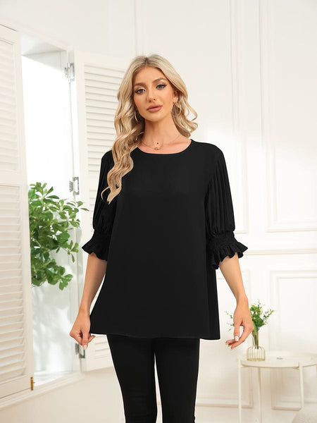 Solid Color Round Neck Ruffle Sleeve Chiffon Blouse